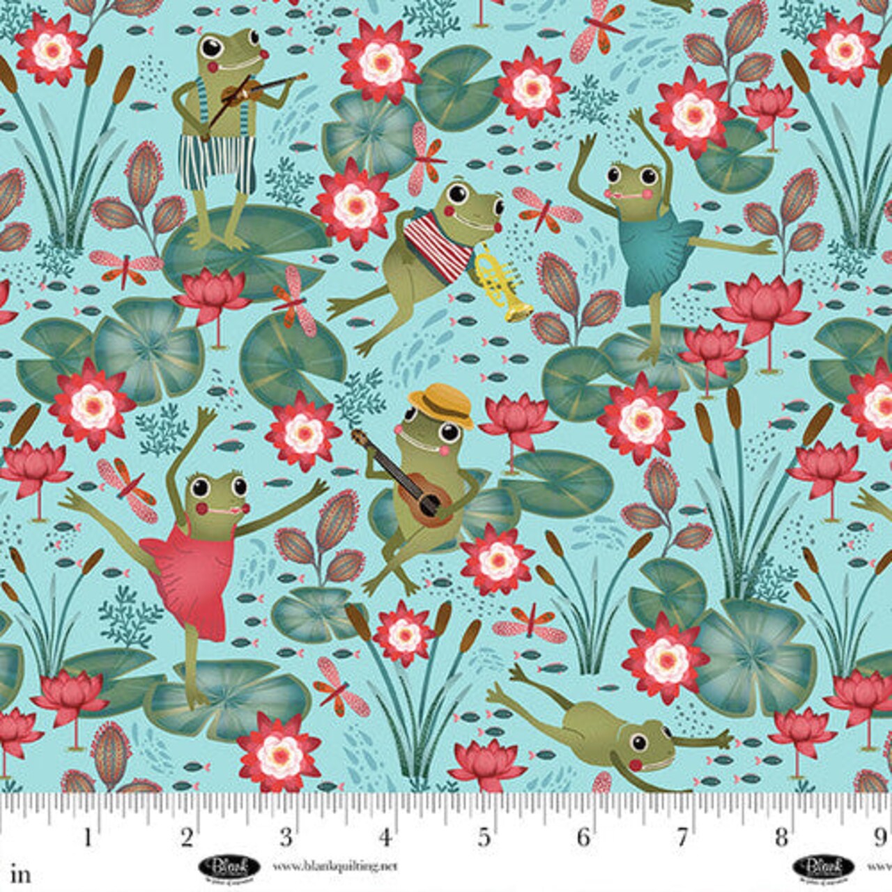 Fabric Blank Quilting Light Blue Frogs on Lily Pads Lake Night Serenade by the Quarter Yard 4300-70